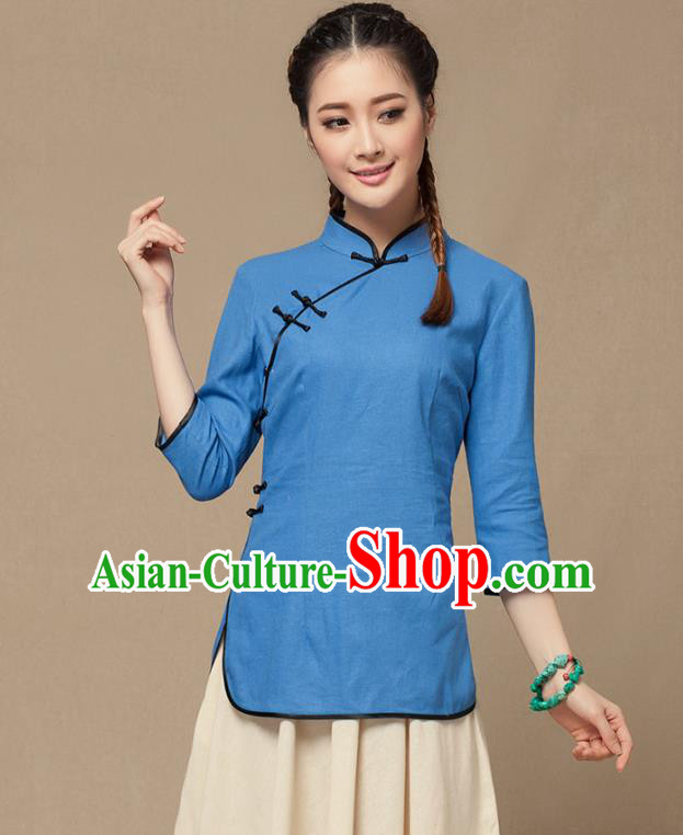 Traditional Chinese National Costume Elegant Hanfu Plated Button Blue Shirt, China Tang Suit Slant Opening Upper Outer Garment Cheongsam Blouse for Women