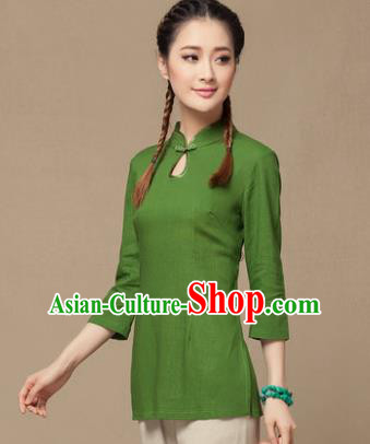 Traditional Chinese National Costume Elegant Hanfu Plated Button Green Linen Shirt, China Tang Suit Slant Opening Upper Outer Garment Cheongsam Blouse for Women