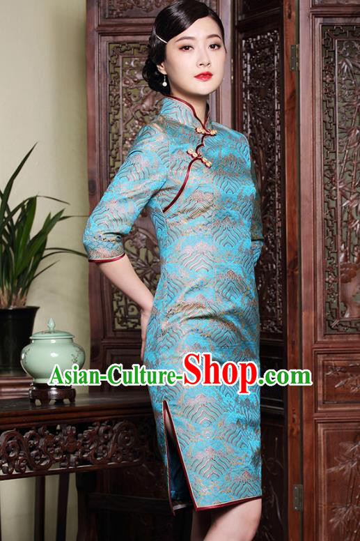 Traditional Chinese National Costume Elegant Hanfu Blue Silk Cheongsam, China Tang Suit Plated Buttons Chirpaur Dress for Women