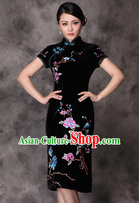 Traditional Chinese National Costume Elegant Hanfu Embroidered Black Velvet Cheongsam, China Tang Suit Plated Buttons Chirpaur Dress for Women