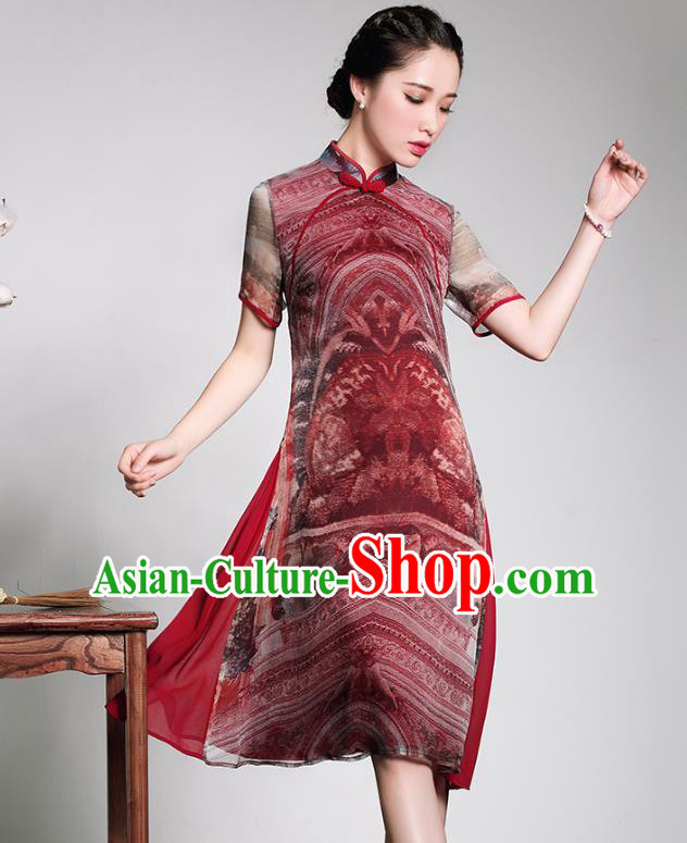 Traditional Chinese National Costume Elegant Hanfu Printing Silk Cheongsam, China Tang Suit Plated Buttons Chirpaur Dress for Women