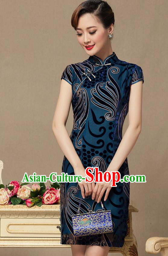 Traditional Chinese National Costume Elegant Hanfu Blue Velvet Cheongsam, China Tang Suit Slant Opening Chirpaur Cheong-sam for Women