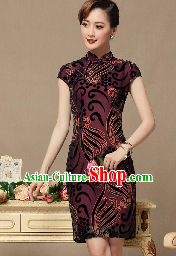 Traditional Chinese National Costume Elegant Hanfu Brown Velvet Cheongsam, China Tang Suit Slant Opening Chirpaur Cheong-sam for Women