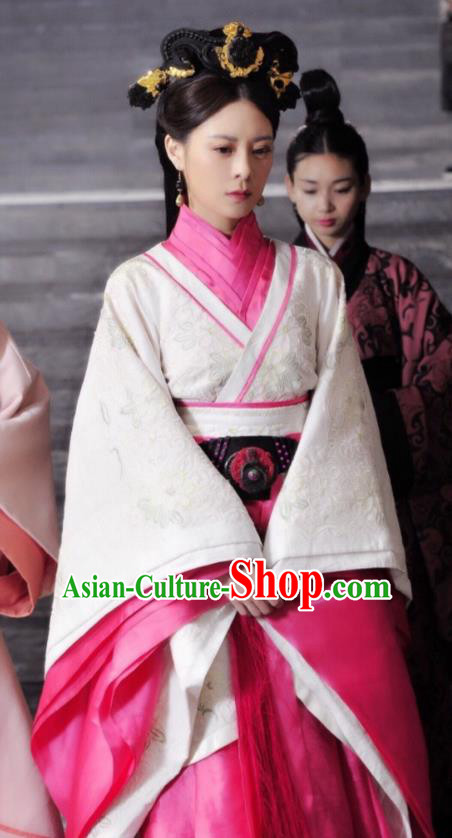 Asian China Qin Dynasty Princess Costume and Headpiece Complete Set, Traditional Chinese Ancient Palace Lady Embroidered Clothing for Women