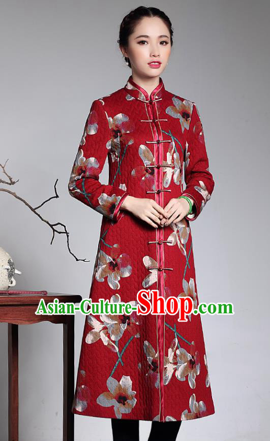 Traditional Chinese National Costume Elegant Hanfu Cheongsam Red Cotton-padded Coat, China Tang Suit Plated Buttons Chirpaur Dust Coat for Women