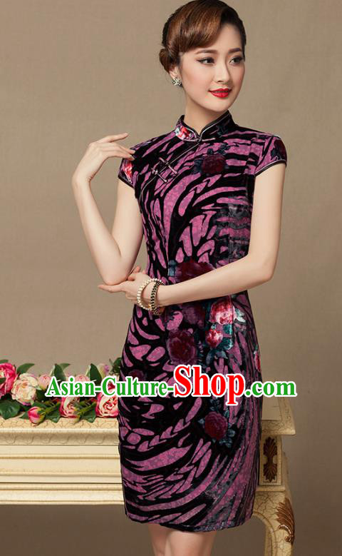 Traditional Chinese National Costume Elegant Hanfu Purple Velvet Cheongsam, China Tang Suit Plated Buttons Chirpaur Dress for Women