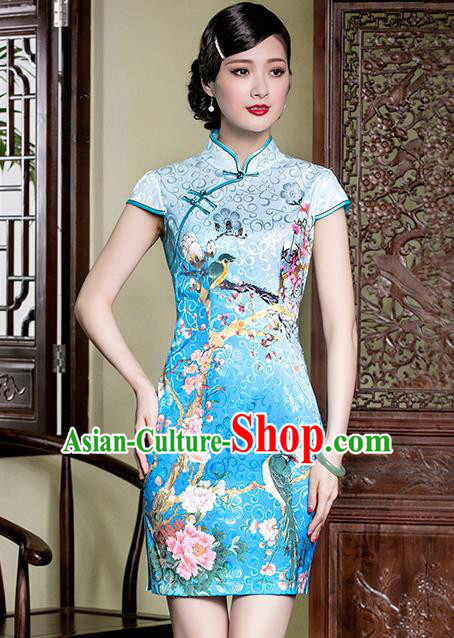 Traditional Chinese National Costume Elegant Hanfu Blue Printing Peony Cheongsam, China Tang Suit Plated Buttons Qipao Chirpaur Dress for Women