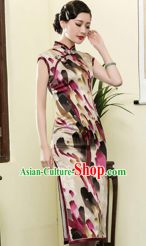 Traditional Chinese National Costume Elegant Hanfu Printing Silk Cheongsam, China Tang Suit Plated Buttons Qipao Chirpaur Dress for Women