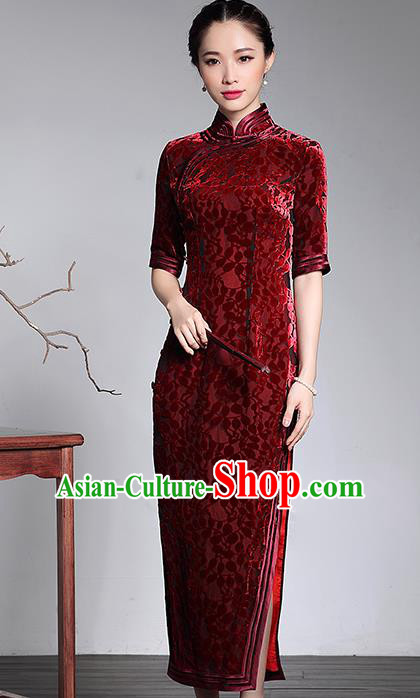 Traditional Chinese National Costume Elegant Hanfu Red Velvet Cheongsam, China Tang Suit Plated Buttons Qipao Chirpaur Dress for Women