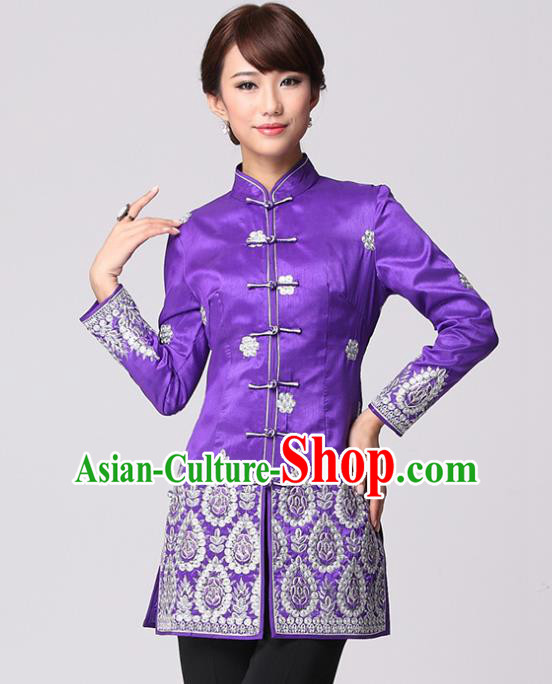 Traditional Chinese National Costume Elegant Hanfu Cheongsam Purple Embroidered Coat, China Tang Suit Plated Buttons Chirpaur Coat for Women