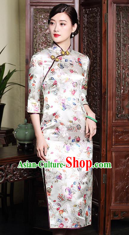 Traditional Chinese National Costume Elegant Hanfu Cheongsam White Brocade Cheongsam, China Tang Suit Plated Buttons Chirpaur Dress for Women