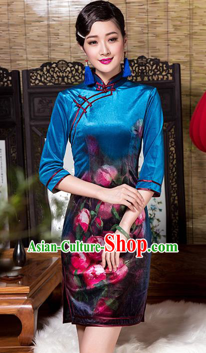 Traditional Chinese National Costume Elegant Hanfu Printing Flowers Blue Velvet Cheongsam, China Tang Suit Plated Buttons Chirpaur Dress for Women