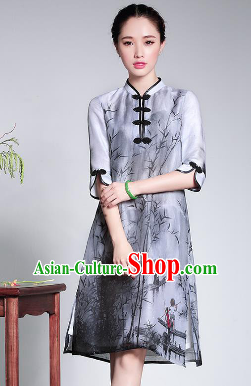 Traditional Chinese National Costume Elegant Hanfu Printing Bamboo Qipao Dress Cheongsam, China Tang Suit Plated Buttons Chirpaur for Women