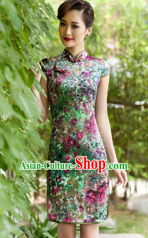 Traditional Chinese National Costume Elegant Hanfu Printing Silk Qipao Dress Cheongsam, China Tang Suit Plated Buttons Chirpaur for Women