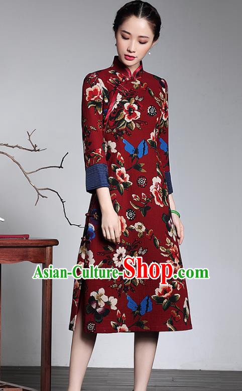 Traditional Chinese National Costume Elegant Hanfu Printing Red Qipao Dress Cheongsam, China Tang Suit Plated Buttons Chirpaur for Women