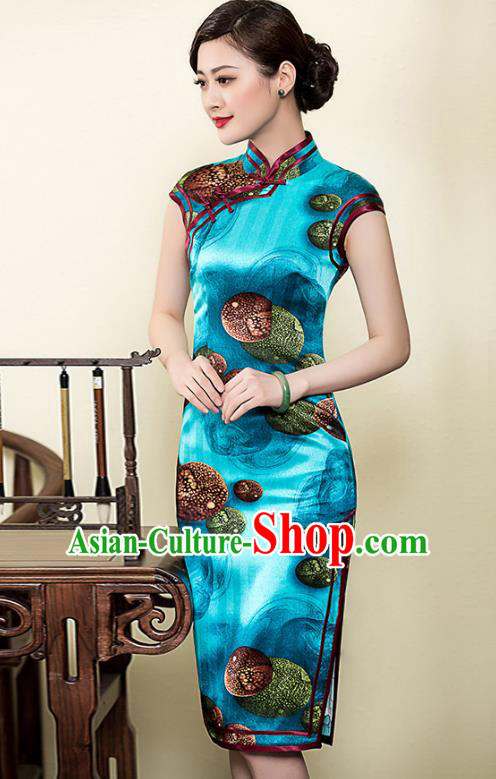 Traditional Chinese National Costume Elegant Hanfu Cheongsam Printing Blue Silk Qipao Dress, China Tang Suit Plated Buttons Chirpaur for Women