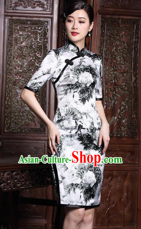 Traditional Chinese National Costume Elegant Hanfu Plated Button Mandarin Qipao, China Tang Suit White Silk Printing Cheongsam for Women