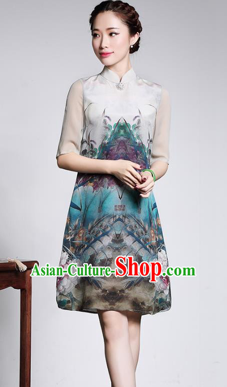 Traditional Chinese National Costume Hanfu Mandarin Qipao, China Tang Suit White Silk Printing Cheongsam for Women