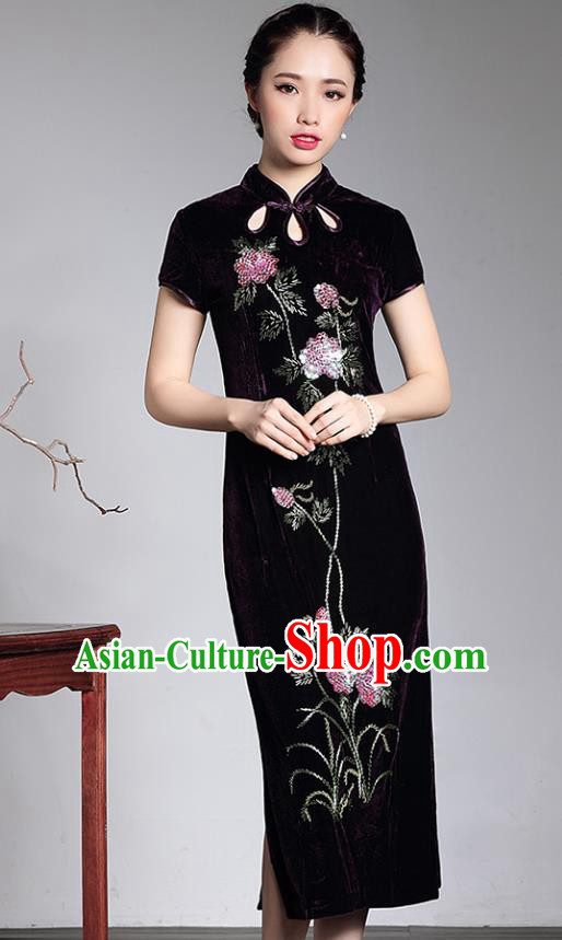 Traditional Chinese National Costume Hanfu Mandarin Qipao Dress, China Tang Suit Purple Velvet Cheongsam for Women