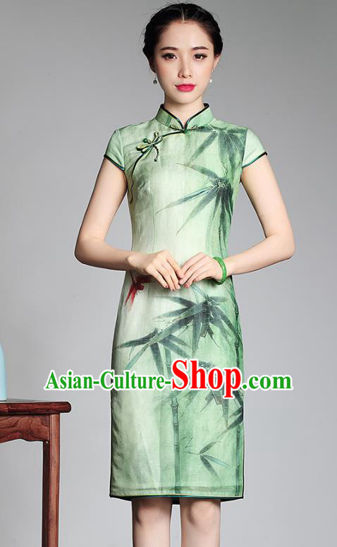 Traditional Chinese National Costume Ink Painting Bamboo Qipao Dress, China Tang Suit Chirpaur Green Cheongsam for Women