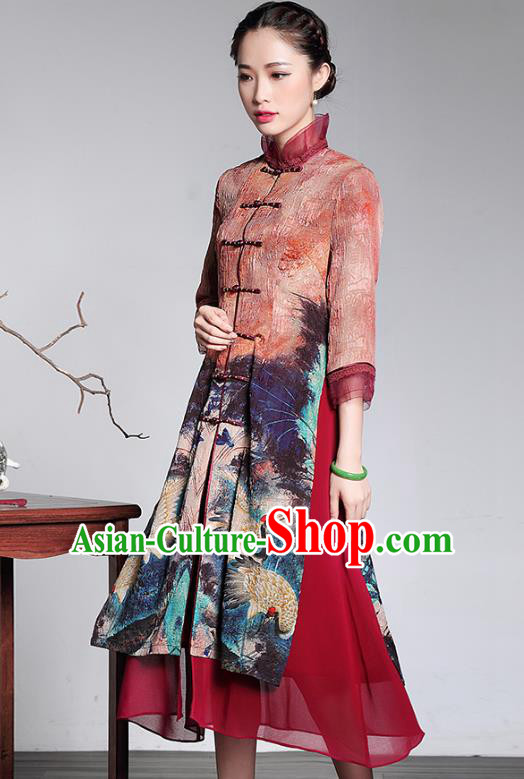 Traditional Chinese National Costume Long Qipao Coat, China Tang Suit Chirpaur Dust Coat for Women