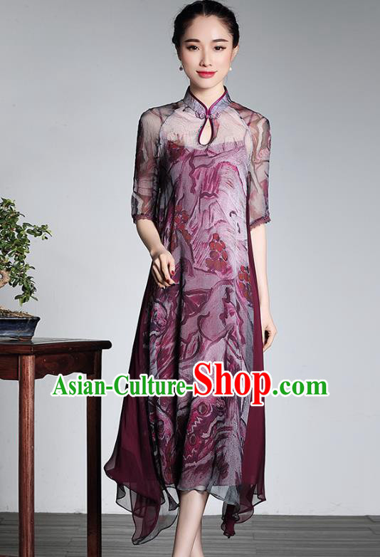 Traditional Chinese National Costume Elegant Hanfu Plated Button Mandarin Qipao, China Tang Suit Purple Silk Cheongsam for Women