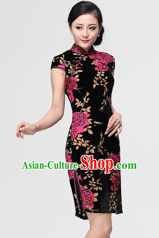 Traditional Chinese National Costume Plated Buttons Qipao, China Tang Suit Chirpaur Top Grade Velvet Cheongsam for Women