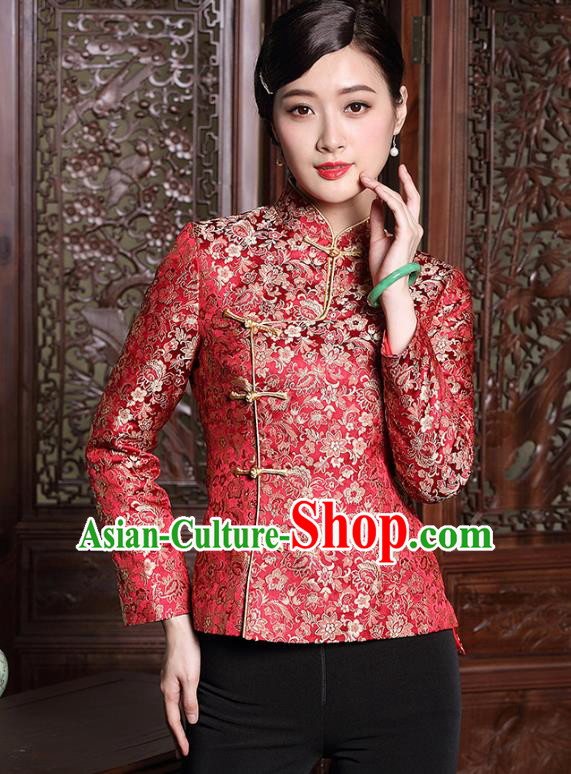 Traditional Chinese National Costume Plated Buttons Red Qipao Jacket, Top Grade Tang Suit Coat Cheongsam Upper Outer Garment for Women