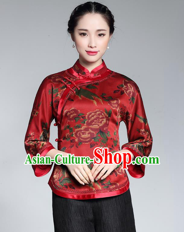 Traditional Chinese National Costume Plated Buttons Red Silk Qipao Blouse, Top Grade Tang Suit Shirts Cheongsam Upper Outer Garment for Women