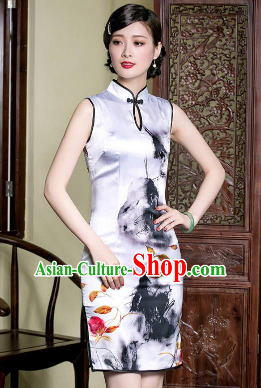 Traditional Chinese National Costume Plated Buttons Ink Painting Lotus Silk Qipao Dress, Top Grade Tang Suit Stand Collar Cheongsam for Women