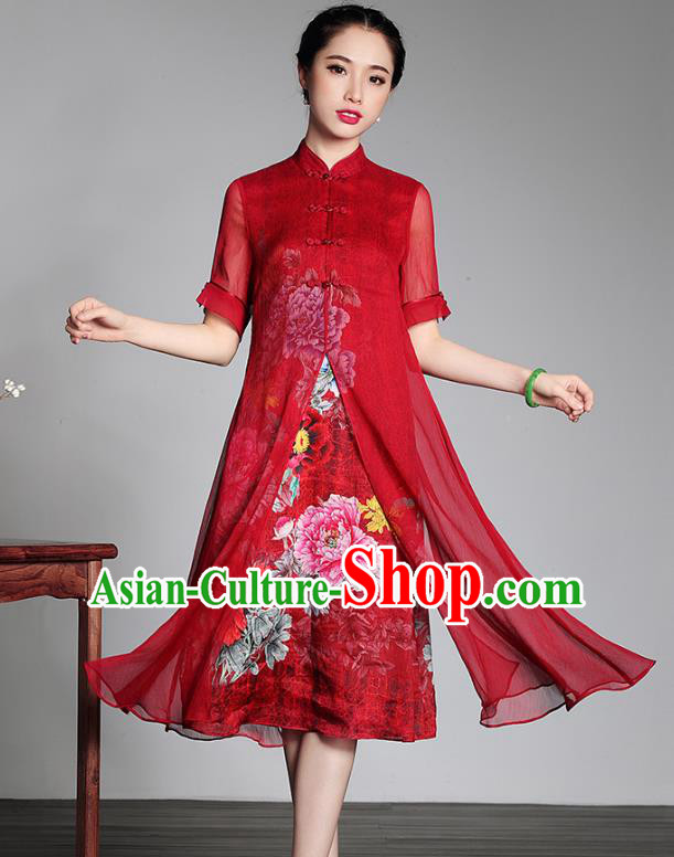 Traditional Chinese National Costume Plated Buttons Red Silk Qipao Dress, Top Grade Tang Suit Stand Collar Cheongsam for Women