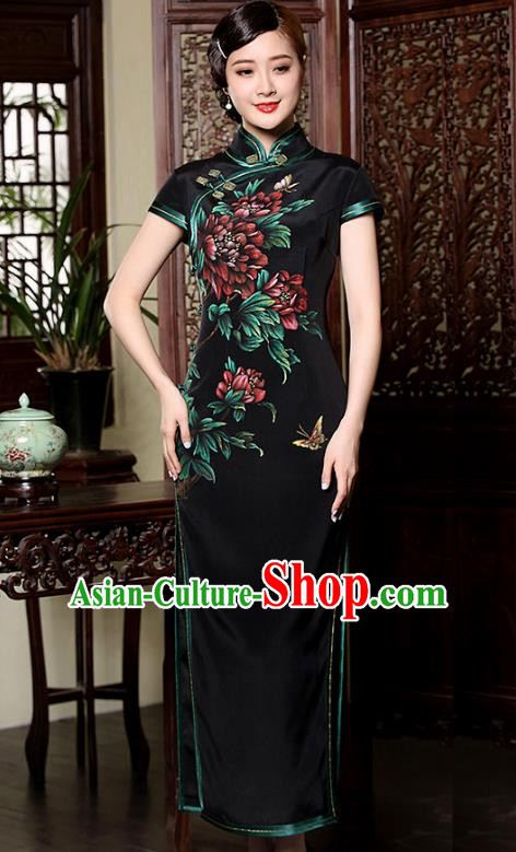 Traditional Chinese National Costume Plated Buttons Black Silk Qipao Dress, Top Grade Tang Suit Stand Collar Printing Cheongsam for Women