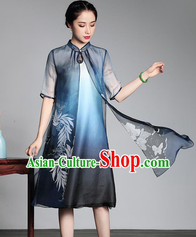 Traditional Chinese National Costume Plated Buttons Blue Silk Qipao Dress, Top Grade Tang Suit Stand Collar Printing Cheongsam for Women