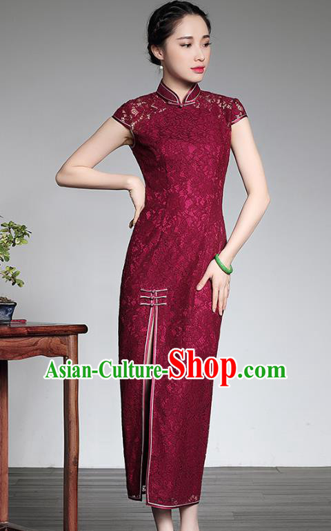 Traditional Ancient Chinese Young Lady Retro Cheongsam Wine Red Lace Dress, Asian Republic of China Qipao Tang Suit Clothing for Women