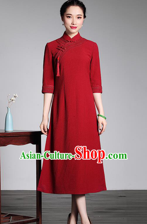 Traditional Chinese National Costume Plated Buttons Qipao Red Dress, Top Grade Tang Suit Stand Collar Cheongsam for Women