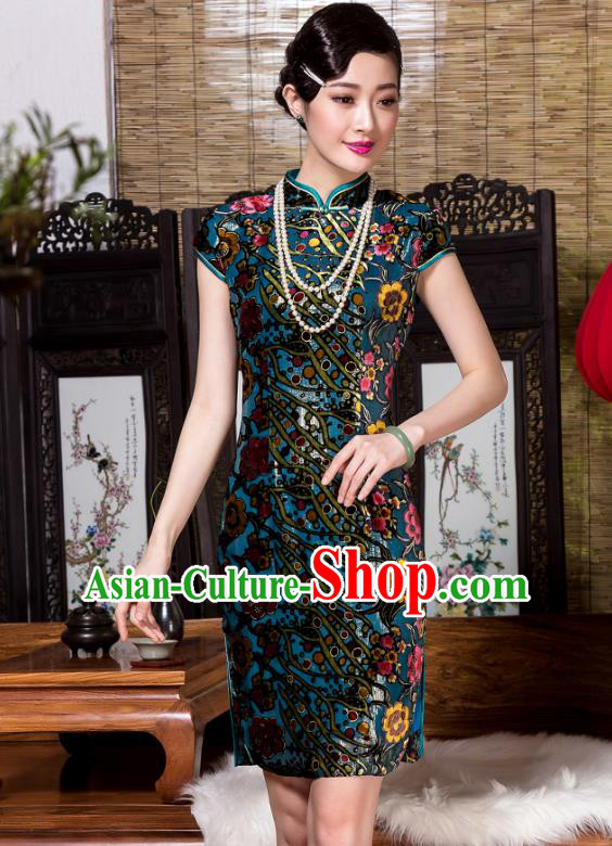 Traditional Chinese National Costume Plated Buttons Qipao, China Tang Suit Chirpaur Top Grade Green Velvet Cheongsam for Women