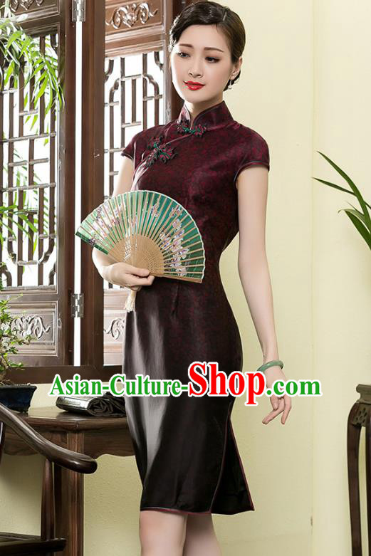 Traditional Chinese National Costume Plated Buttons Qipao, China Tang Suit Chirpaur Top Grade Silk Short Cheongsam for Women