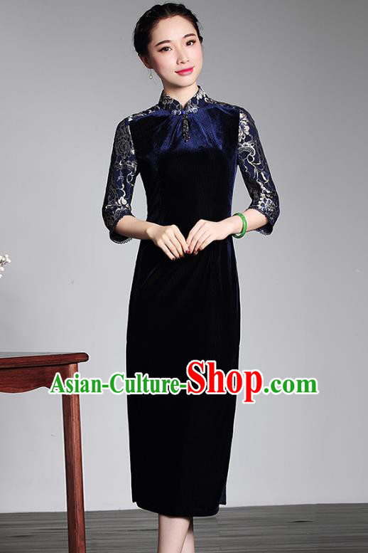 Traditional Chinese National Costume Qipao Blue Velvet Lace Dress, Top Grade Tang Suit Stand Collar Cheongsam for Women