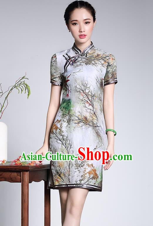 Traditional Chinese National Costume Qipao Printing Lotus Silk Dress, Top Grade Tang Suit Stand Collar Cheongsam for Women