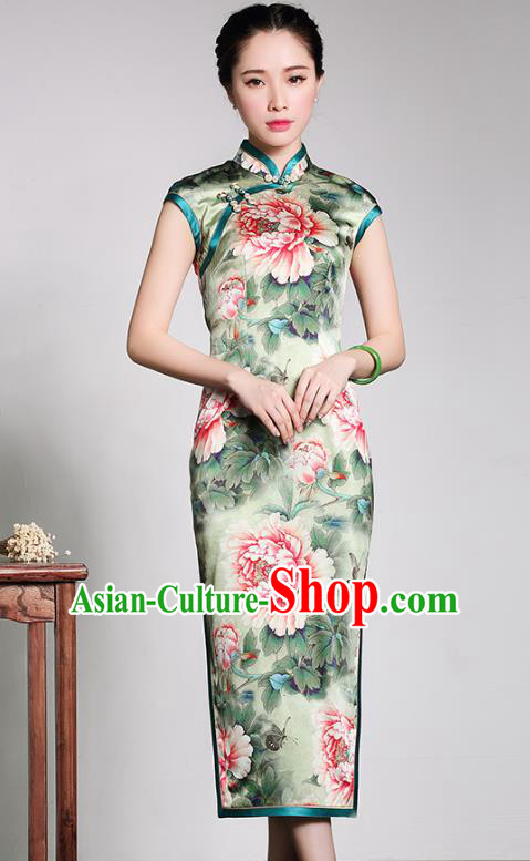 Traditional Chinese National Costume Printing Peony Green Silk Qipao, Top Grade Tang Suit Stand Collar Cheongsam Dress for Women