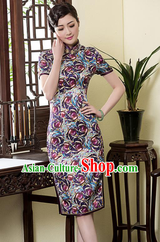 Traditional Ancient Chinese Young Lady Printing Cheongsam, Republic of China Stand Collar Qipao Dress Tang Suit Clothing for Women
