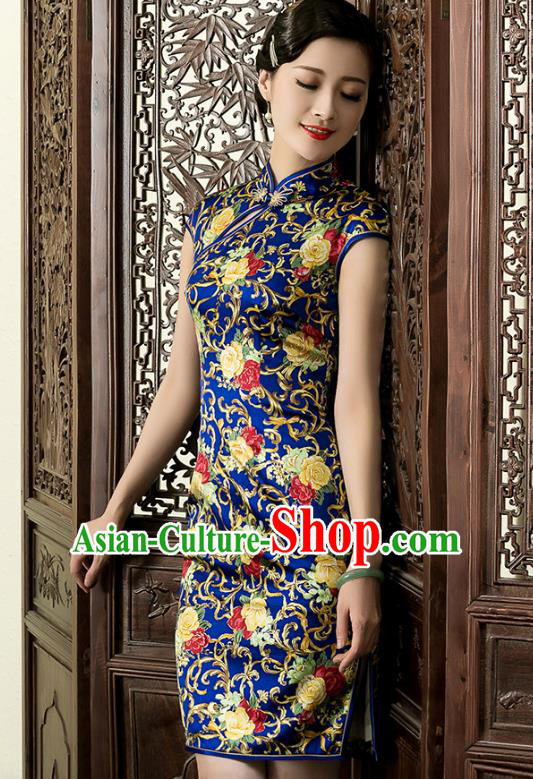 Traditional Ancient Chinese Young Lady Blue Silk Cheongsam, Republic of China Stand Collar Qipao Tang Suit Dress for Women