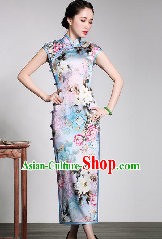 Traditional Chinese National Costume Long Qipao Printing Silk Dress, Top Grade Tang Suit Stand Collar Cheongsam for Women
