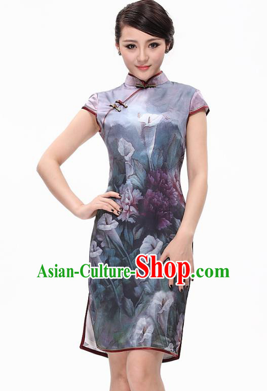 Traditional Ancient Chinese Young Lady Printing Daffodil Silk Cheongsam, Republic of China Qipao Tang Suit Dress for Women