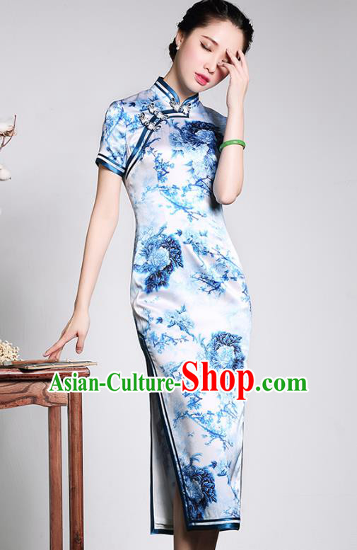 Traditional Ancient Chinese Young Lady Blue and White Porcelain Silk Cheongsam, Republic of China Qipao Tang Suit Dress for Women