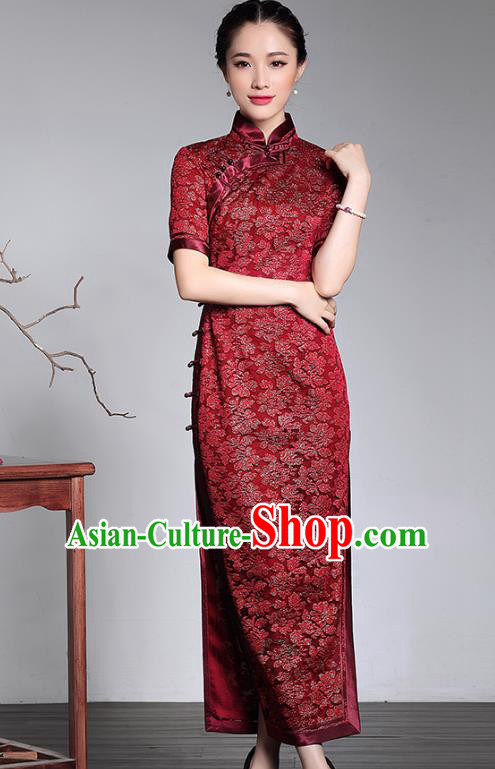 Traditional Ancient Chinese Young Lady Plated Buttons Silk Cheongsam, Asian Republic of China Red Lace Qipao Tang Suit Dress for Women