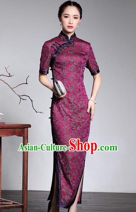 Traditional Ancient Chinese Young Lady Plated Buttons Silk Cheongsam, Asian Republic of China Purple Lace Qipao Tang Suit Dress for Women