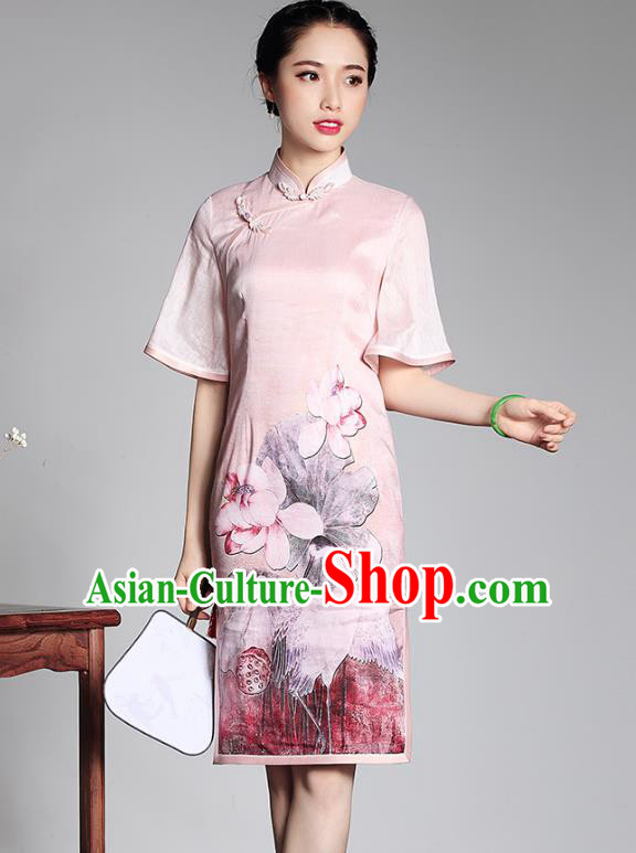 Traditional Ancient Chinese Young Lady Plated Buttons Printing Cheongsam, Asian Republic of China Pink Silk Qipao Tang Suit Dress for Women