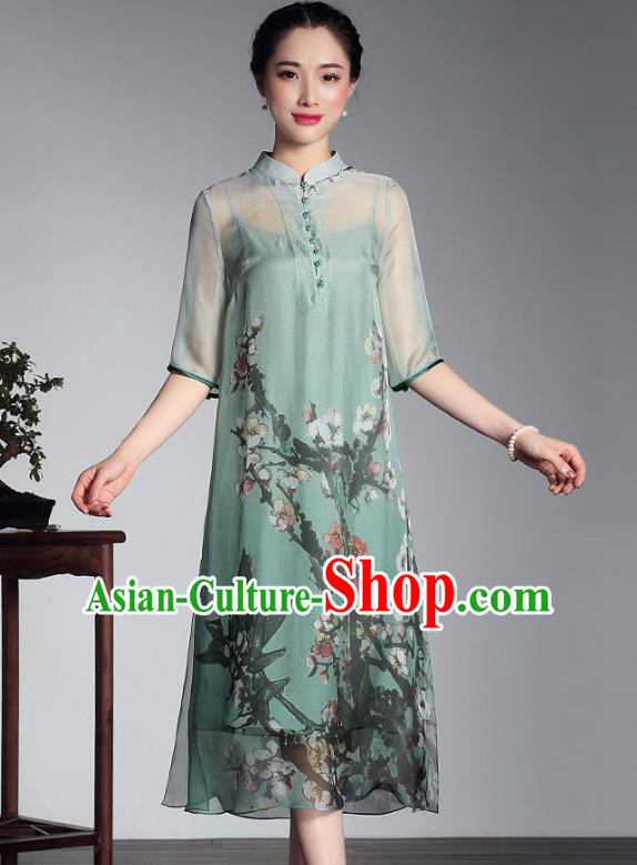 Traditional Ancient Chinese Young Lady Plated Buttons Printing Cheongsam, Asian Republic of China Green Silk Qipao Tang Suit Dress for Women