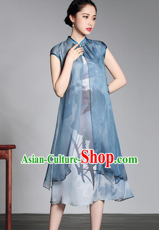 Traditional Ancient Chinese Young Lady Plated Buttons Printing Cheongsam, Asian Republic of China Blue Silk Qipao Tang Suit Dress for Women